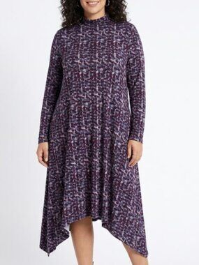 LOGO Lori Goldstein Size 1X Purple Abstract Geometric Mock Neck Dress